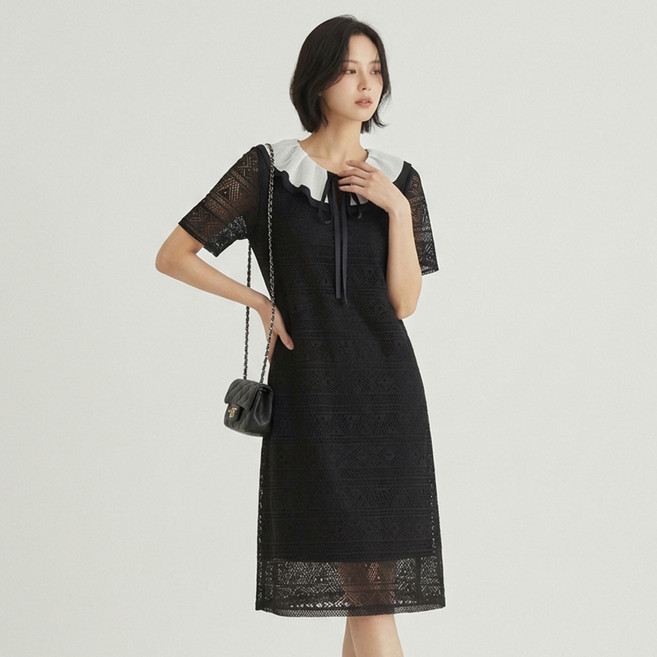 아뗄릭 라라 빅사이즈 자수 펀칭 배색 원피스 11613