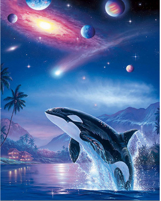 알로데 행성과 돌고래 달 벽장식 DIY 보석십자수 30 x 40 cm, NO 02, 1개
