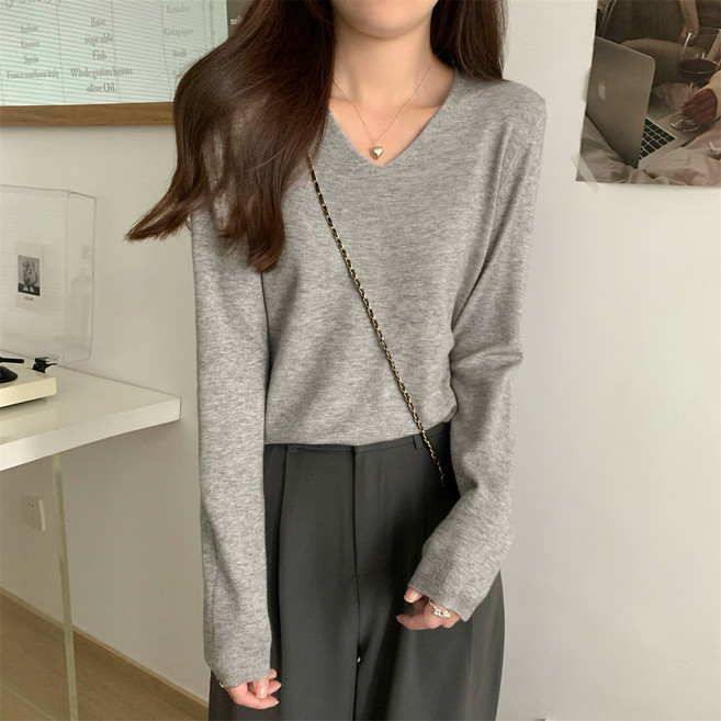 언헤브 여성용 브이넥 데일리 긴팔 니트