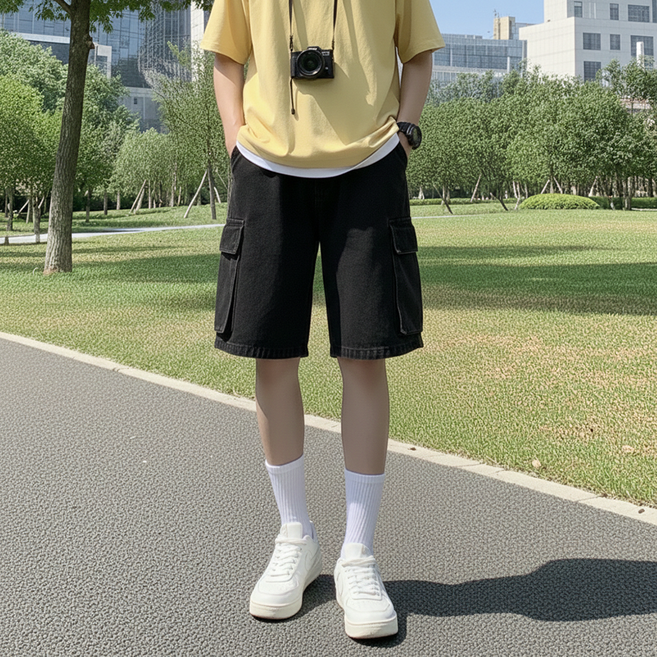 INFIOUS 男士鬆緊帶工裝牛仔短褲 I263-100