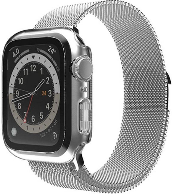 SINJIMORU Apple Watch 相容 磁性金屬米蘭錶帶 + 9H 全覆蓋一體式保護殼, 透明色 + 銀色, 1個