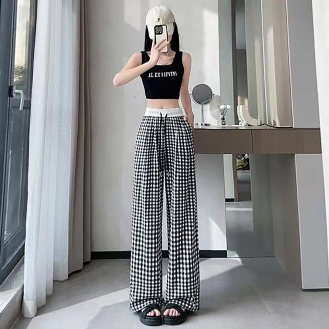 PEONIST 女款格紋直筒寬褲