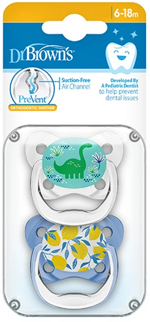 닥터브라운 유아용 쪽쪽이 프리밴트 버터플라이 노리개젖꼭지 2종 세트, 2단계(6~18개월), 디노, 레몬, 1세트 - 쿠팡