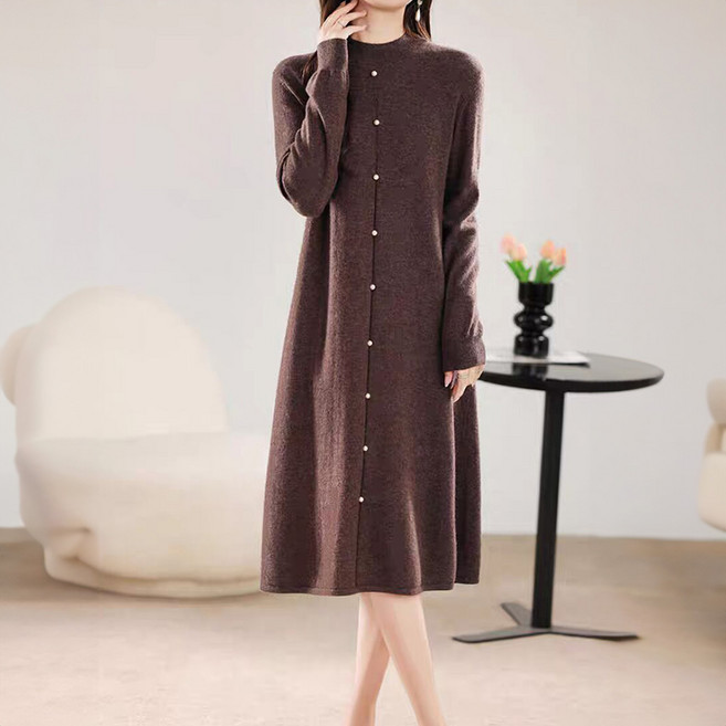 Paperments 珍珠飾邊半高領短版針織連身裙 11929, 深棕色