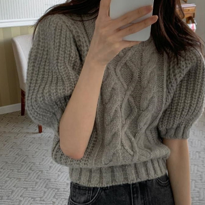 피어니스트 여성용 프렌치 무드 퍼프 슬리브 반팔 니트