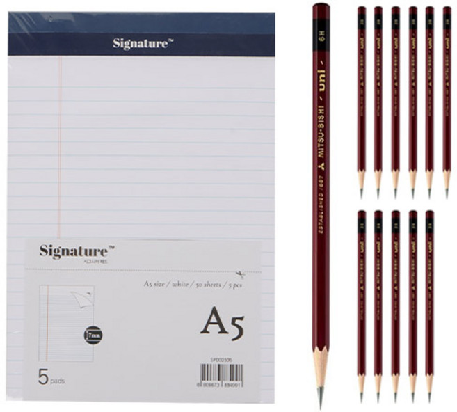 Uni 三菱 ball Signature Legal Pad A5 5入 + 6H鉛筆 12入, 白色(Legal Pad), 1套
