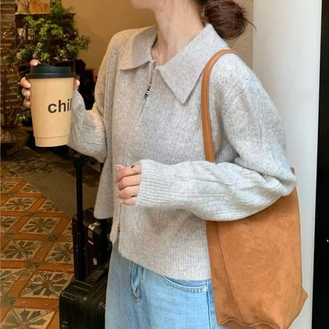 I'M MONG 女款基本版型翻領長袖針織拉鍊外套 R5W121