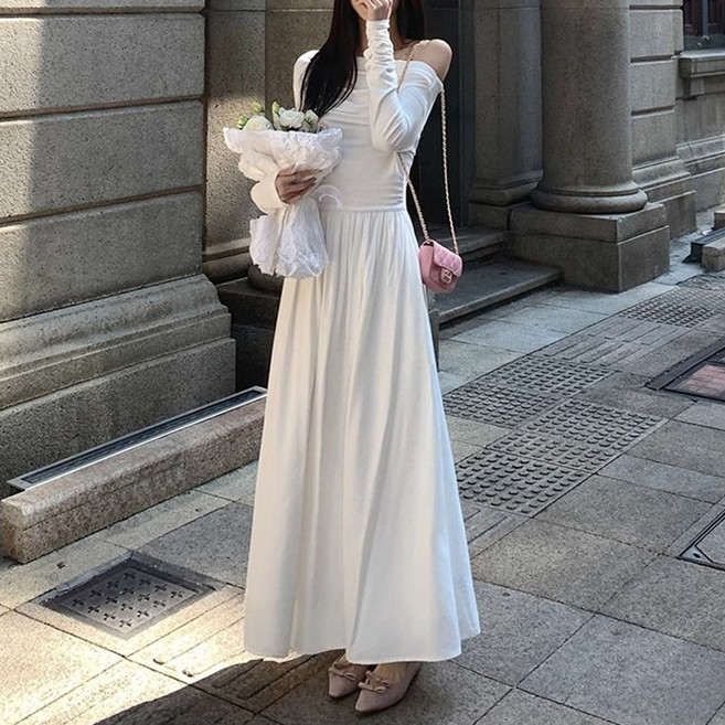 PEONIST 純色露肩修身腰長版連身裙, 白色