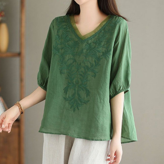 인피어스 중년 자수 반팔 블라우스 I263-0145