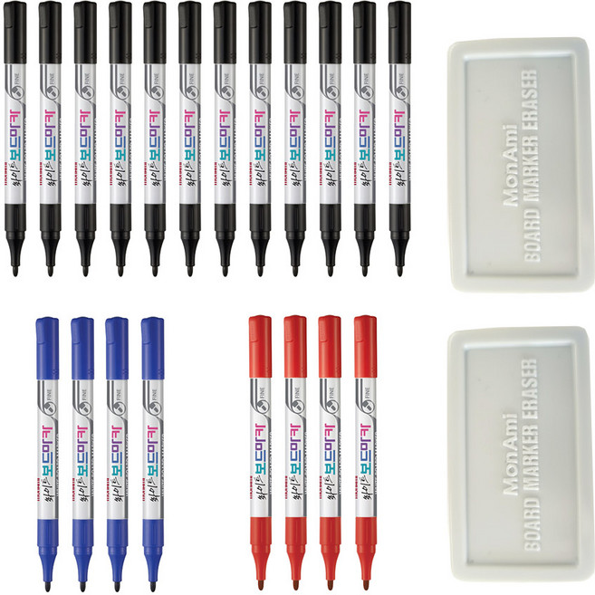 모나미 화이트 보드마카 FINE + 지우개, 흑색, 청색, 적색, 1세트