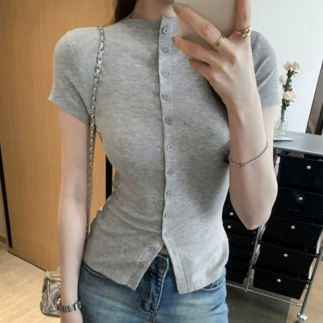 아이엠몽 여성용 슬림핏 카라넥 반팔 가디건 R6H040