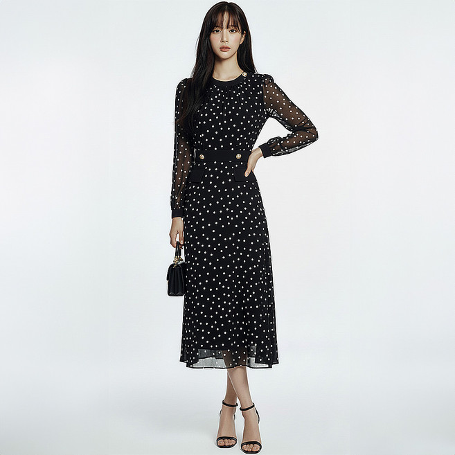 ViVEMO Eles 圓點優雅雪紡長版連身裙 12532, 黑色
