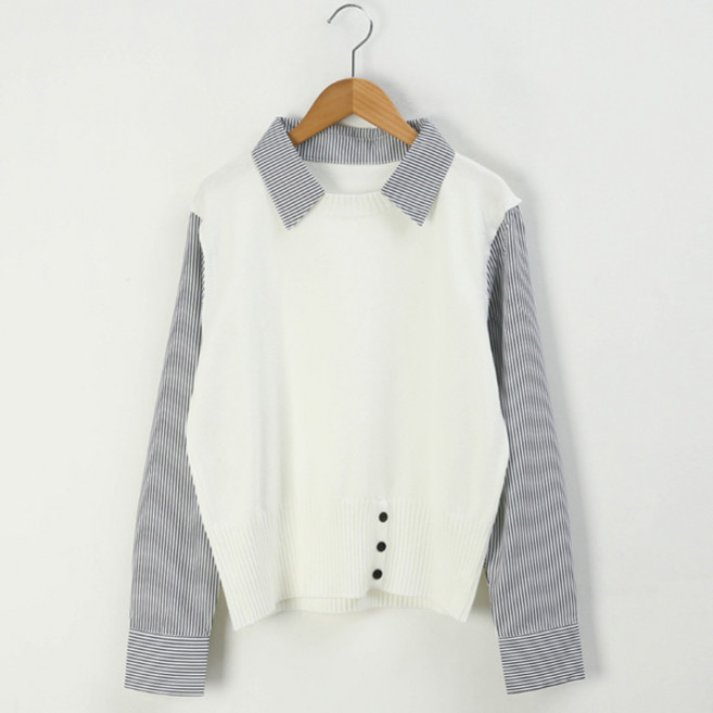 피핀 여성용 레노 스트라이프 셔츠 카라 니트 111988