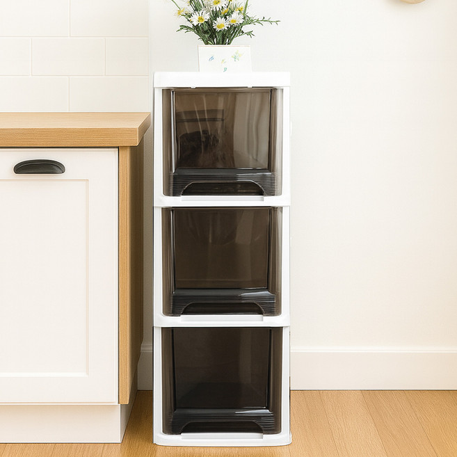 보노하우스 모던틈새슬림서랍장 3단, 다크투명, 1개