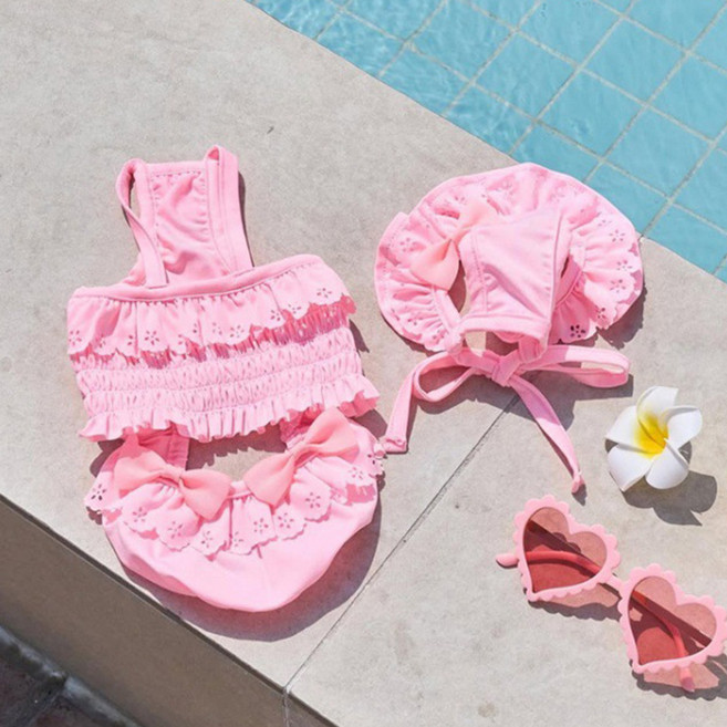 웨이비데이즈 반려동물 컬러풀 프릴 셔링 비키니 + 모자 세트 W265-0137, 핑크, 1세트