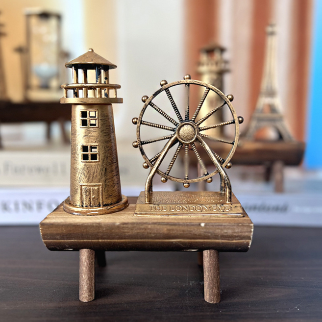 모노로지스 모던한 모래시계 엔틱 우드 장식품 스툴 + 등대 + 관람차 세트, 청동색