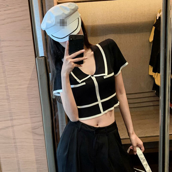 Goodif 女款撞色短版短袖針織T恤