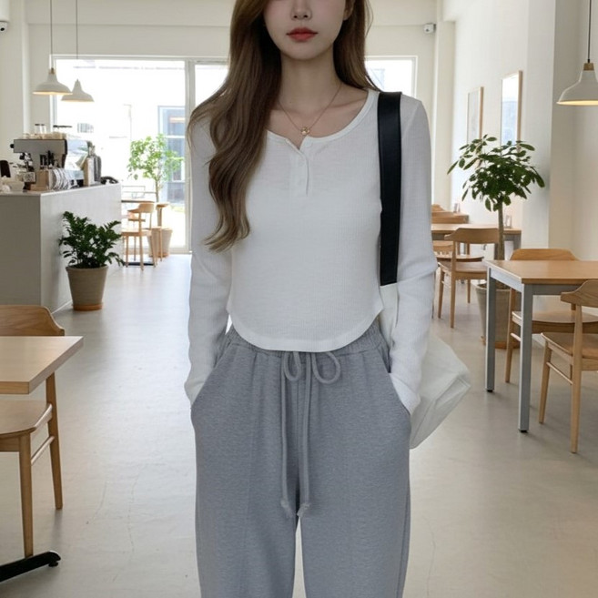 언헤브여성용헨리넥골지티셔츠