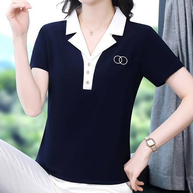 Elsso 女款V領短袖翻領鈕扣短袖T恤