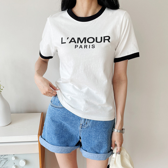더매드문 여성용 라모르 레터링 배색 코튼 반팔 티셔츠