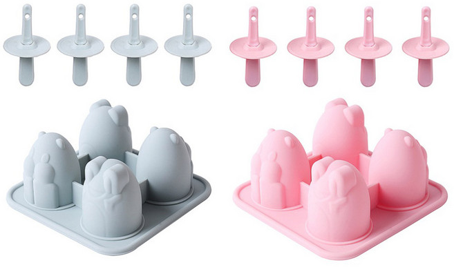 실리콘 펭귄 4구 아이스크림 몰드 2종 세트, 핑크, 블루, 1세트