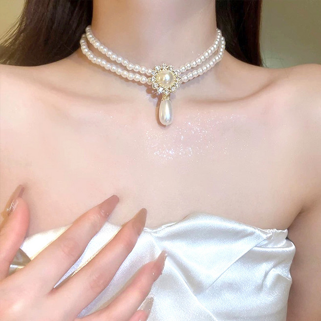 젤루나 여성용 두줄 진주 꽃 큐빅 파티 목걸이 M-219