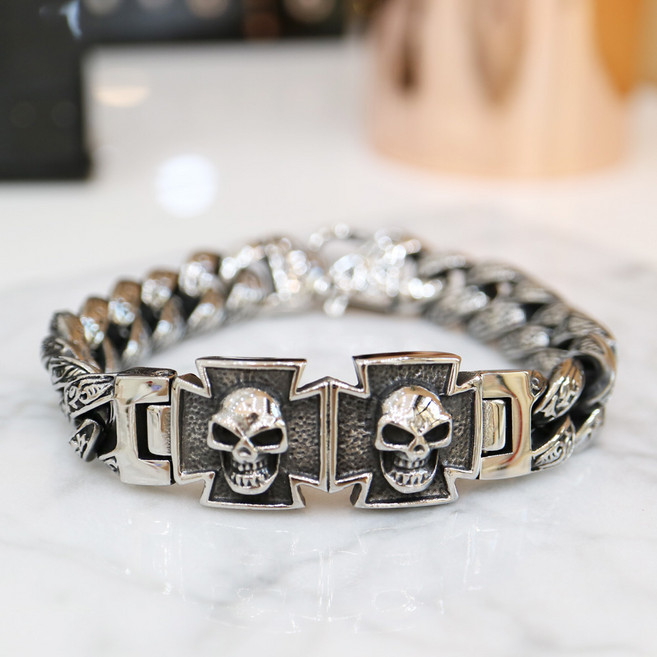 노이드비 남성용 써지컬스틸 크로스 해골얼굴 엔틱 체인팔찌