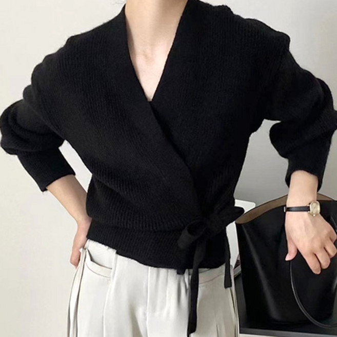 더플로우커머스 여성용 프렌치 무드 랩스타일 리본 가디건