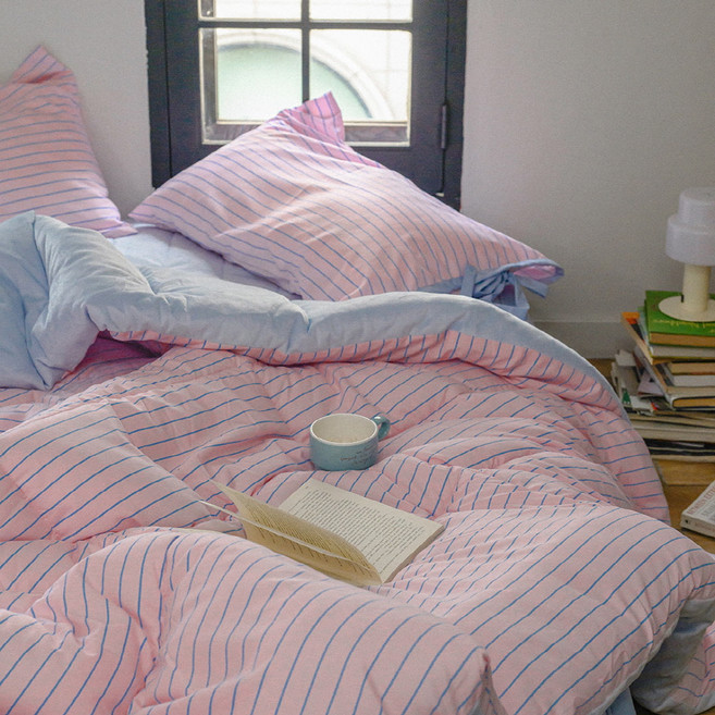 믹스앤매치 에센셜 스트라이프 극세사 차렵이불 + 리본 베개커버 세트