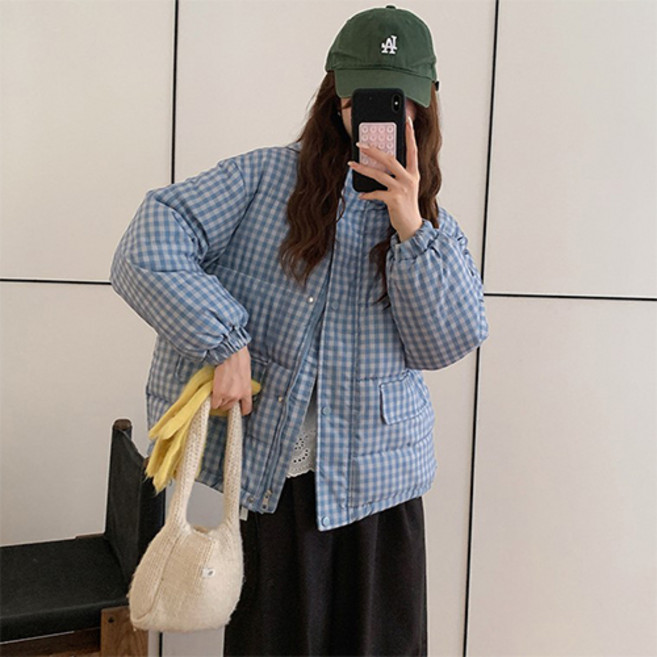 女款時尚潮流冬季輕量格紋休閒鋪棉外套