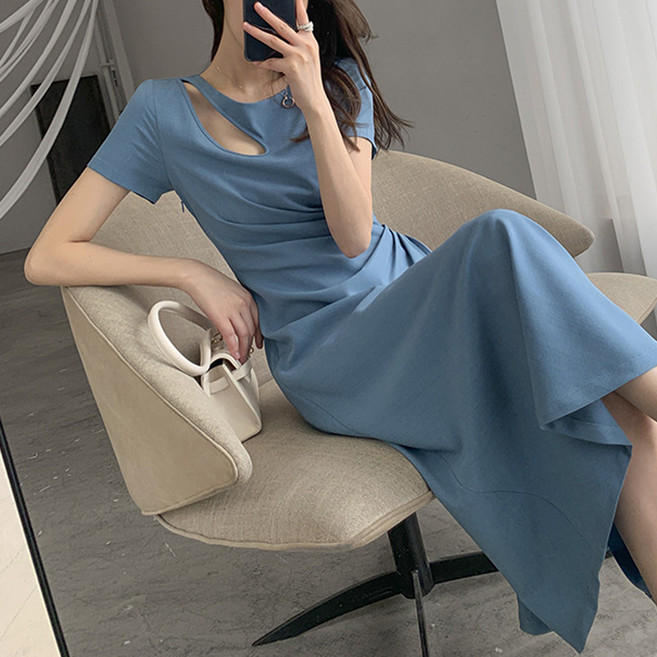 TheSirup 女款修身側邊抓皺短袖長版連身裙, 藍色