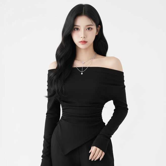 Marketpia 女款露肩抓皺長袖不對稱T恤