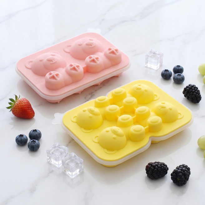 kitchen U 小熊造型矽膠製冰盒 2格 + 4格組合, 1套, 粉紅色, 黃色