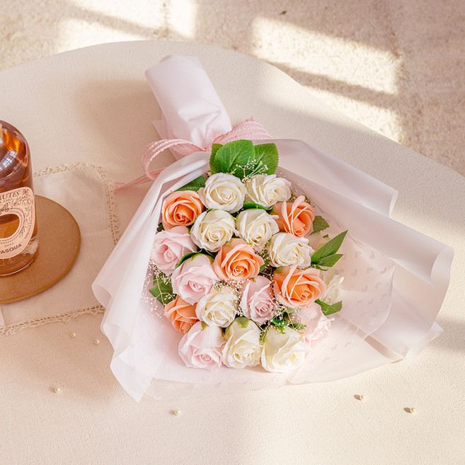 아스파시아 리에나 장미 20송이 프리저브드 비누 꽃다발, 코랄, 1개