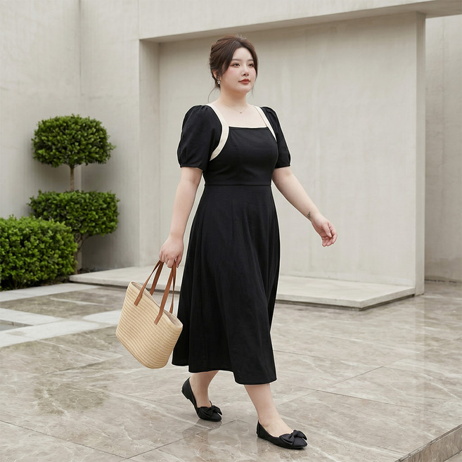 INFIOUS 女款大尺碼泡泡袖撞色長版連身裙 I263-0391, 黑色