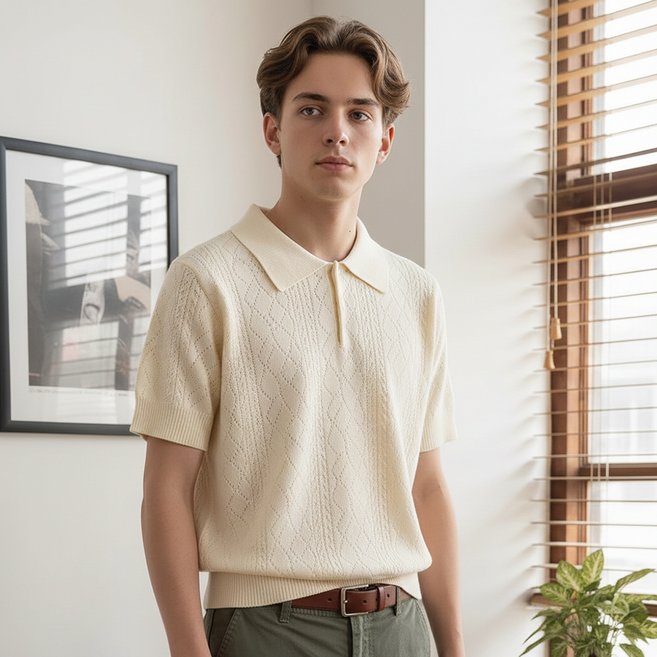 인피어스 남성용 자카드 얇은 반팔 니트 I263-89