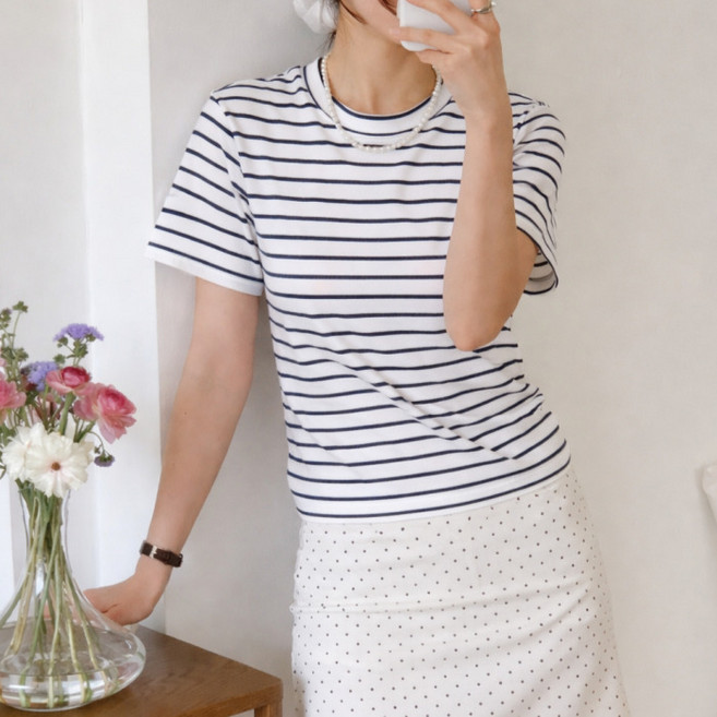 라라온 여성용 스트라이프 라운드넥 면 반팔 티셔츠 26TSP3818