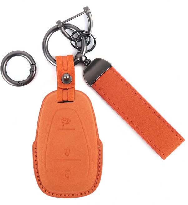 지엠지모터스 쉐보레전용 알칸타라 3버튼 가죽 스마트 차키 커버 + 키링 세트, 오렌지, CH02