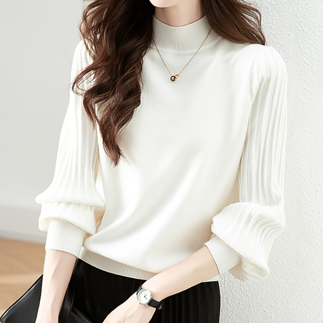 페이릿 여성용 소프트 터치 퍼프소매 반폴라 니트티셔츠