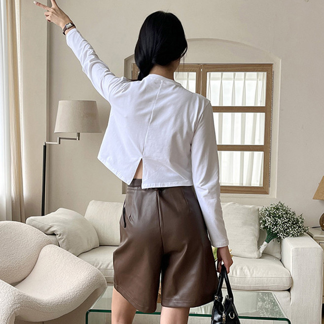 todayandlook 女款後開衩棉質彈性半短版長袖T恤
