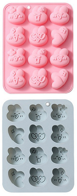 이홈베이킹 토끼표정 실리콘 몰드 12구 2종 세트, 블루 + 핑크, 1세트