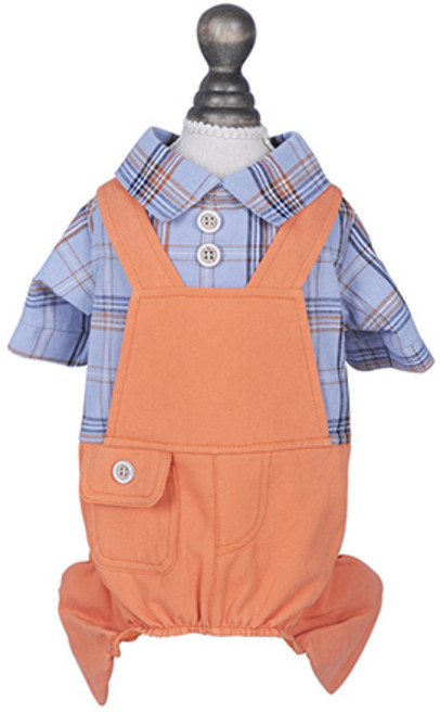 캠퍼스룩 체크셔츠 강아지 멜빵바지 올인원, 오렌지, 1개