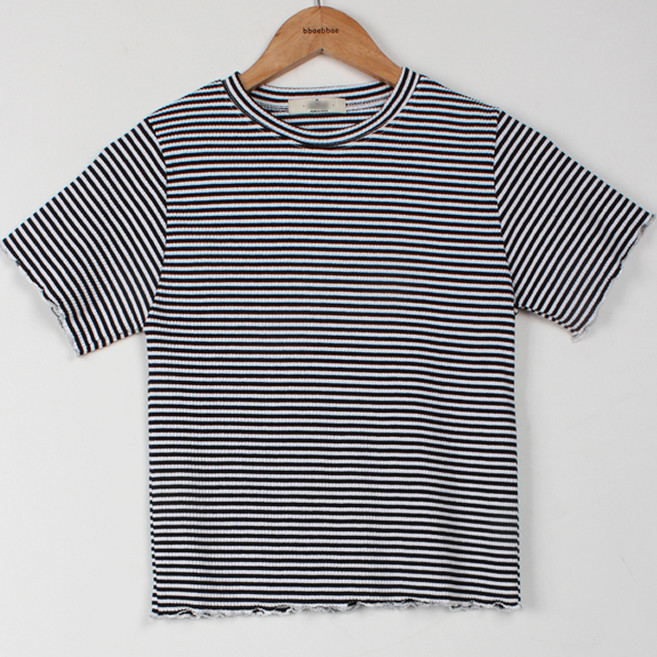 빼빼 여성용 라운드넥 스트라이프 크롭 슬림 스판 티셔츠