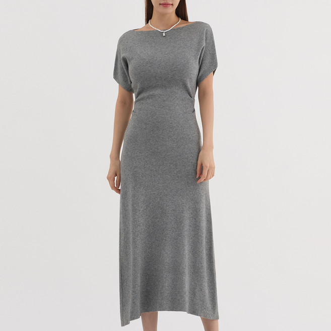 엘쏘 허리 셔링 슬림핏 반팔 A라인 롱 니트 원피스