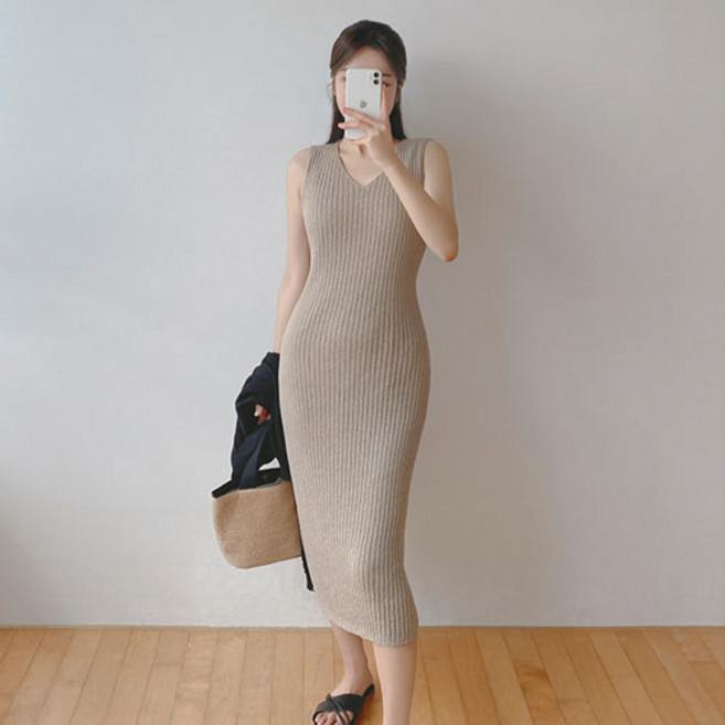 로미스토리 빅사이즈 심플 골지 노슬리브 원피스