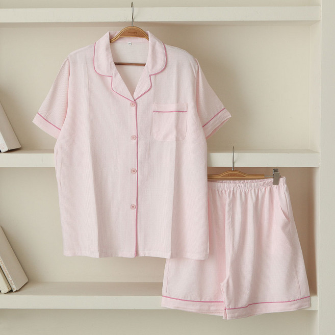 글램공감 커플용 요루 유리 스트라이프 반팔 투피스 파자마 상하의 세트