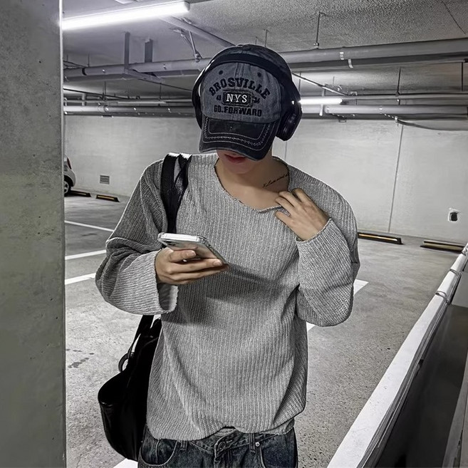 남성용 내추럴 실루엣 크루넥 니트 긴팔 티셔츠