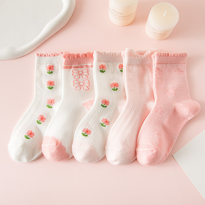 아이뿜 여아용 핑크 플로라 중목 양말 5켤레 세트 B203
