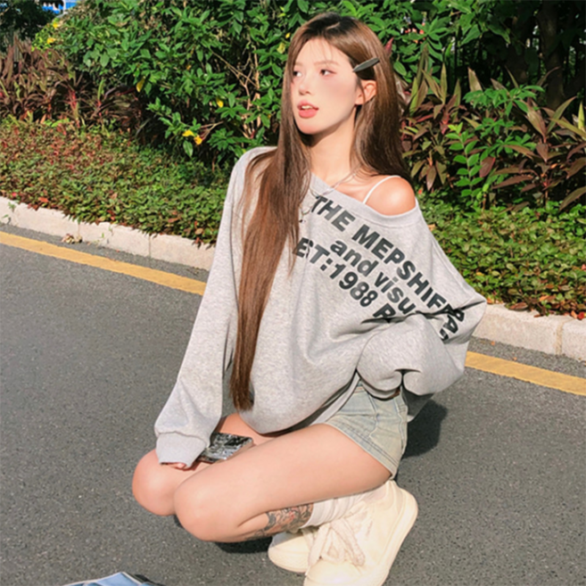 피어니스트 여성용 풀오버 오프숄더 레터링 맨투맨 긴팔티