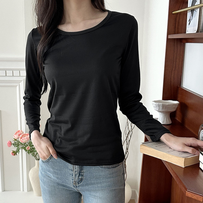 라라온 여성용 슬림핏 기본 라운드넥 긴팔 무지 티셔츠 TSP2867